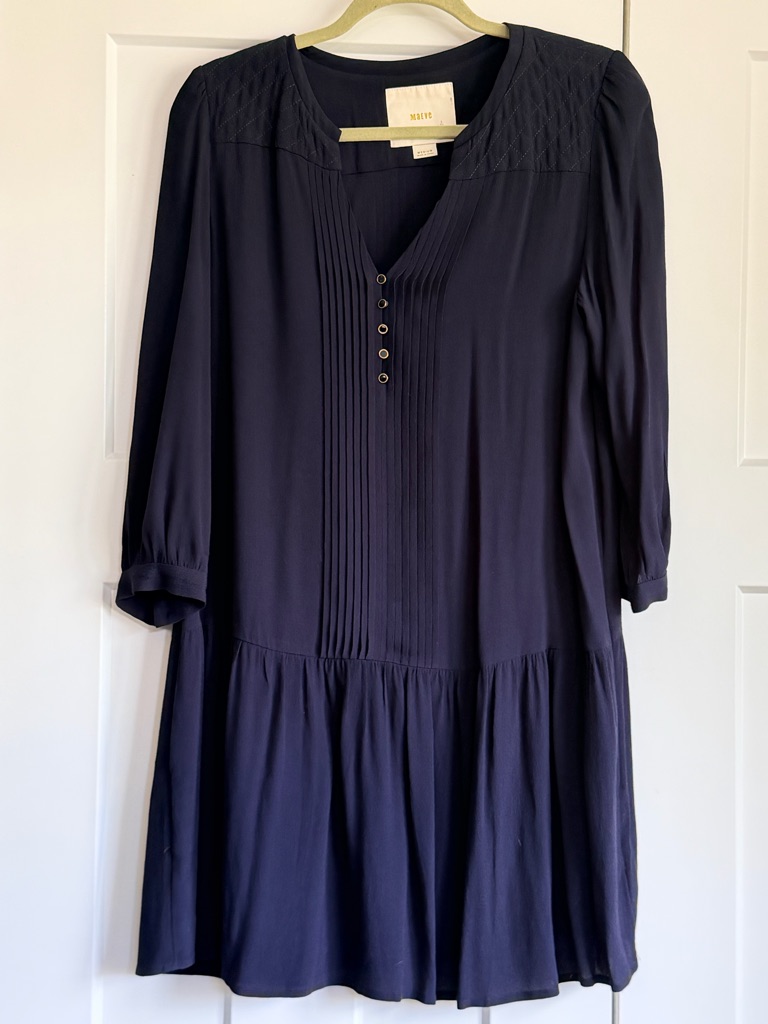Anthropologie Maeve Galina Pintuck Quilted Drop Waist Dress In Navy - Size M
